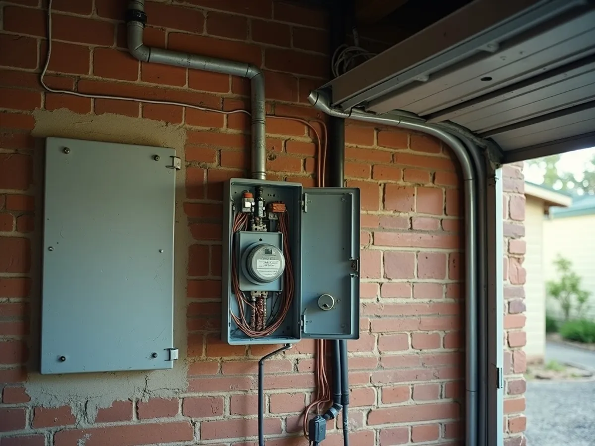 Dated switchboard and bare garage wall in Charlestown before battery retrofit